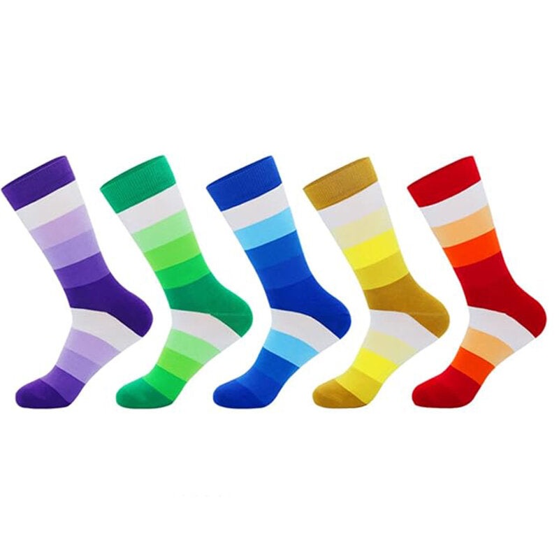 5Pairs Men’s Striped Colorblock Dress Socks, Comfortable Funny Novelty Crew Socks Plus Size, Sweat Absorption Anti-friction Long Cotton Socks