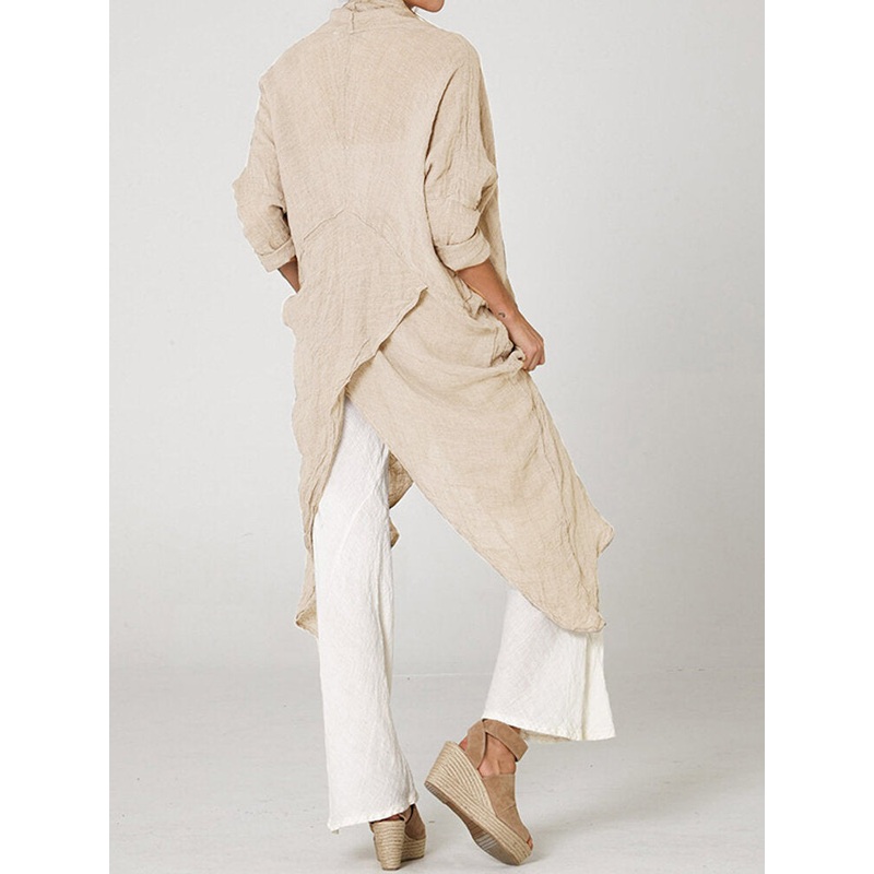Celmia Plus Size Women Blouses Cotton Linen Solid Color 3/4 Sleeve V Neck High Split Irregular Hem Casual Shirt Blouse