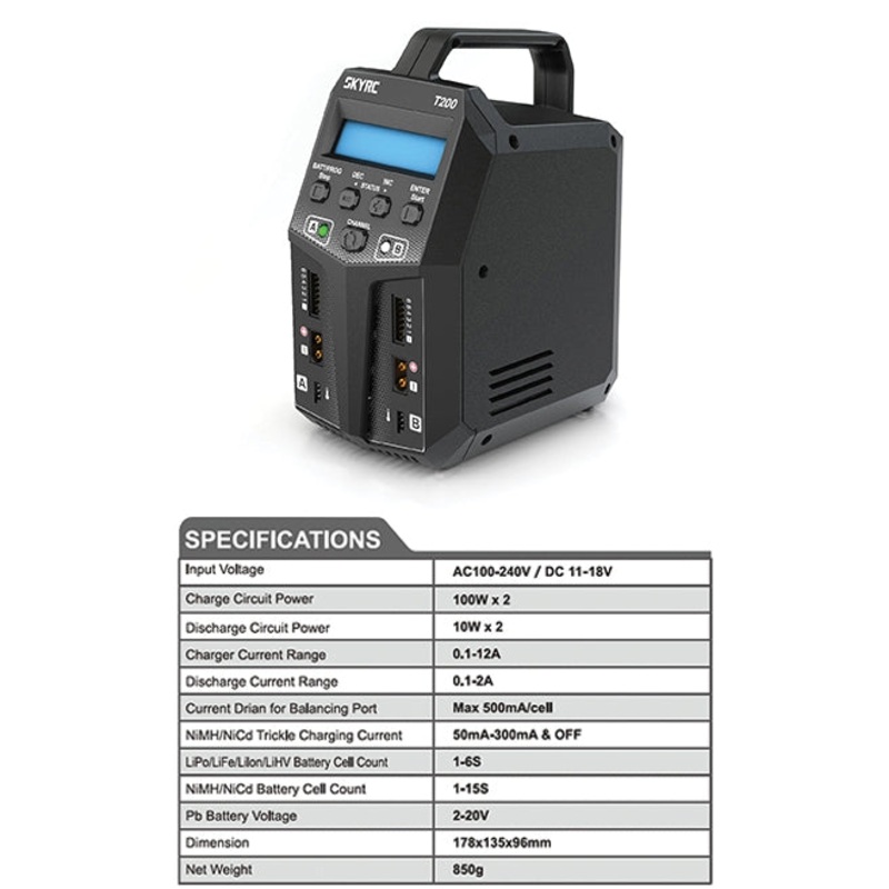 SkyRC T200 AC/DC Dual Balance Charger SK-100155-04 2x100Watt