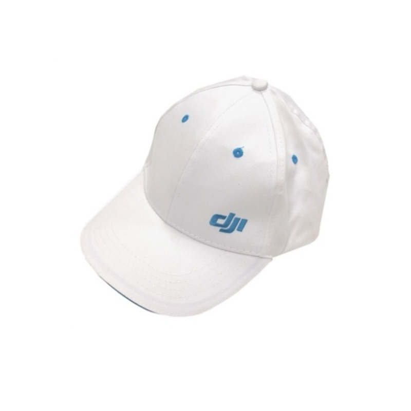 White DJI Cotton Baseball Cap with Blue Embroidered Logo, Adjustable Fit