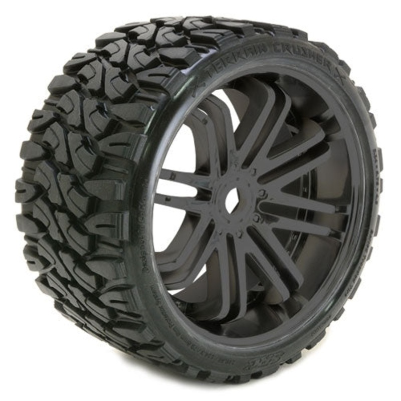 Sweep Terrain Crusher Belted Tyre On Black 17mm Wheels 1/4 Offset SRC0002B